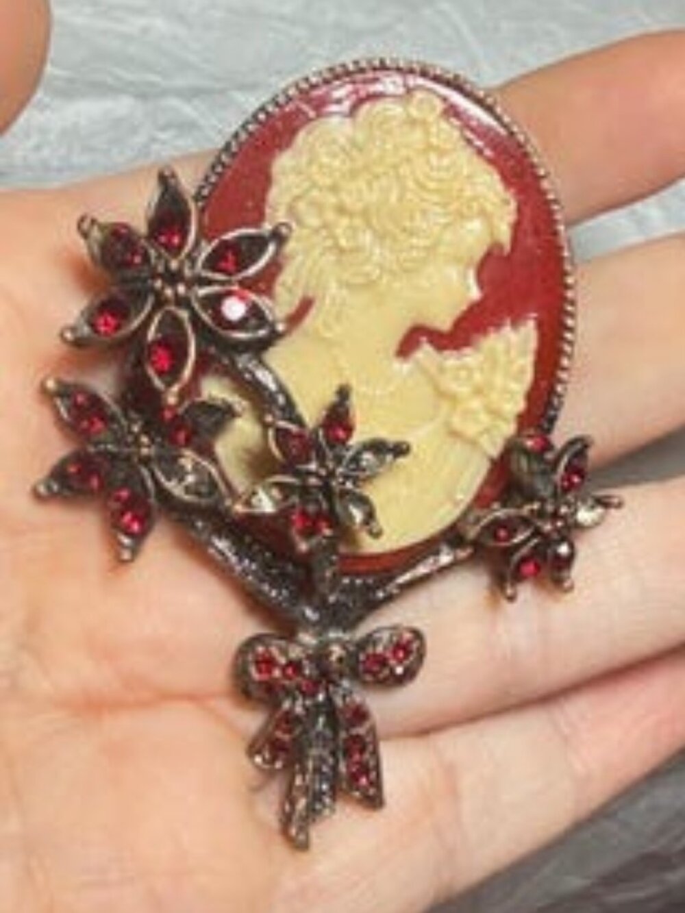 Lady Cameo Brooch Burgundy Rhinestone Floral Dangle Repair Upcycle Vintage Style